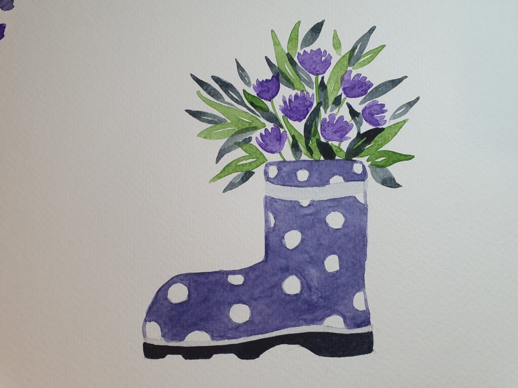 Watercolour flowers in welly boot